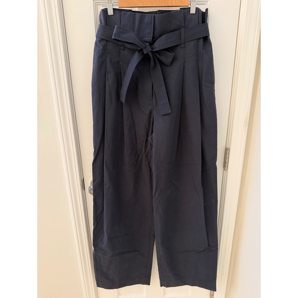 COS Paperbag Waist Wide Leg Trousers Navy Blue Tie Front Sz 12 100% Cotton